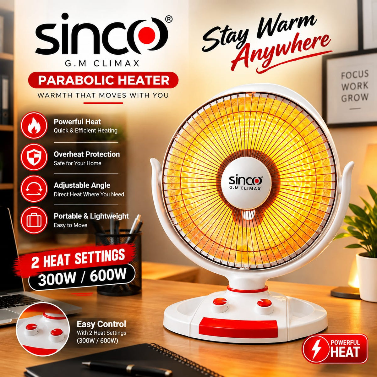 SINCO Moveable Electric Heater 400W/800W | Adjustable Heat | Compact Portable Room Heater